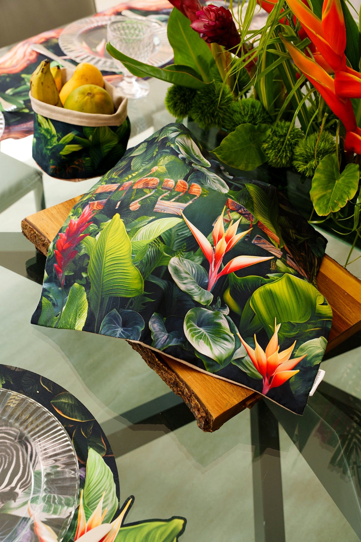 Wild Tropics challah cover on a Shabbat table