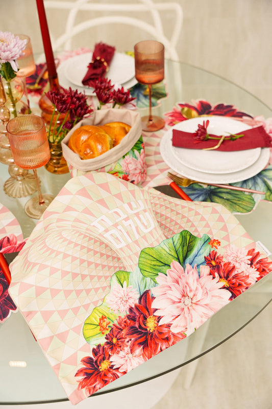 Tropical Geometry challah cover with vibrant tropical florals over a modern geometric pattern, view 5