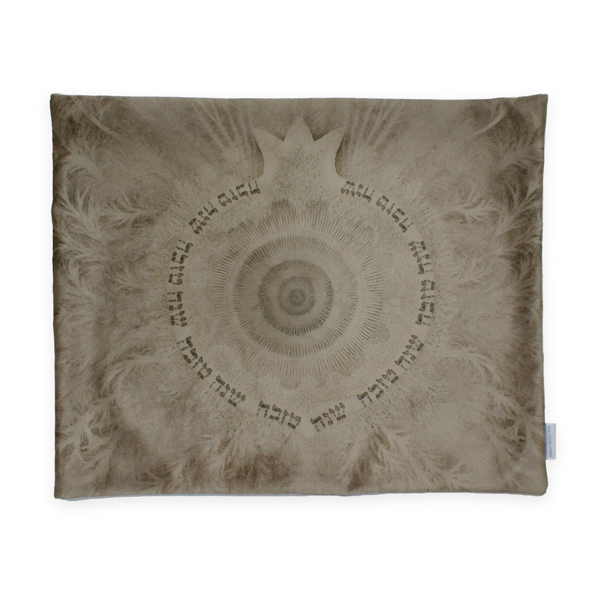 Feather Illusion challah cover with a feather motif and central pomegranate in soft corduroy, by Shaloom Living