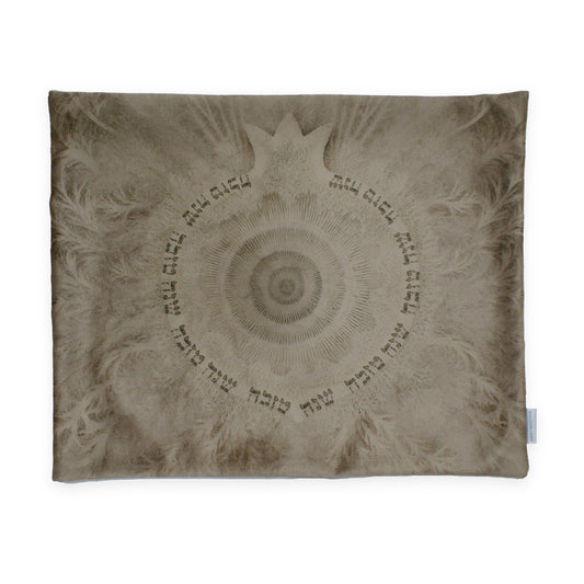 Feather Illusion challah cover with a feather motif and central pomegranate in soft corduroy, by Shaloom Living