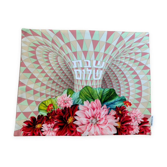 Tropical Geometry challah cover with vibrant tropical florals over a modern geometric pattern, by Shaloom Living