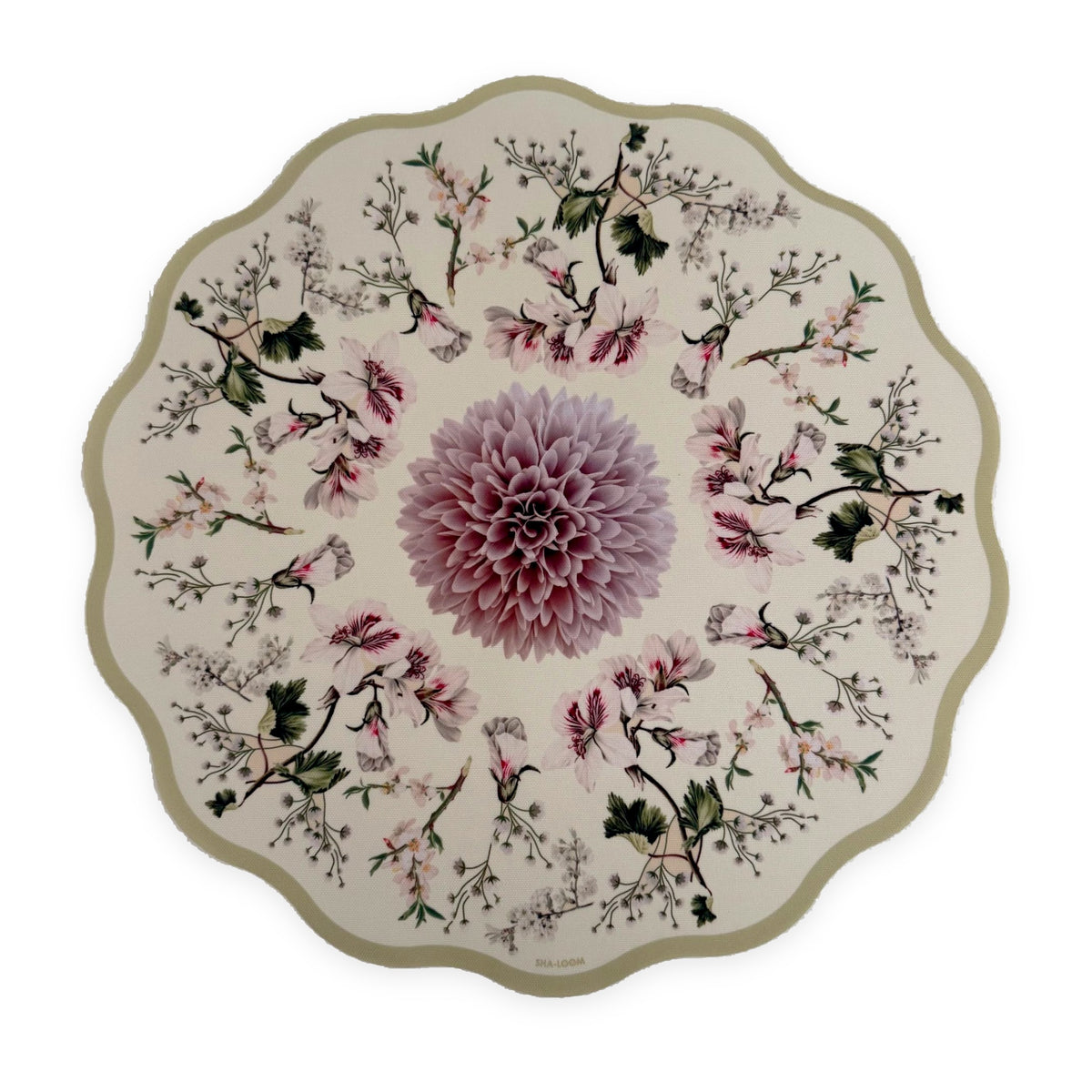 Blush Garden scalloped placemat by Shaloom Living, cream with pink dahlia and botanical print