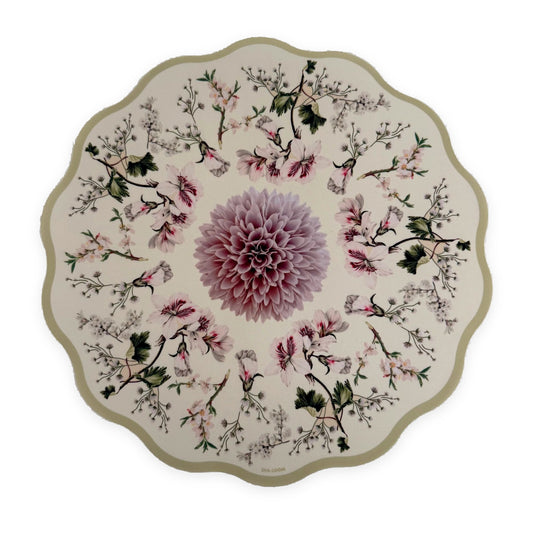 Blush Garden scalloped placemat by Shaloom Living, cream with pink dahlia and botanical print