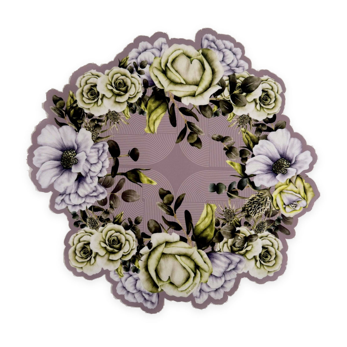 Lilac Reverie die-cut placemat by Shaloom Living, lilac with green roses and lavender anemones