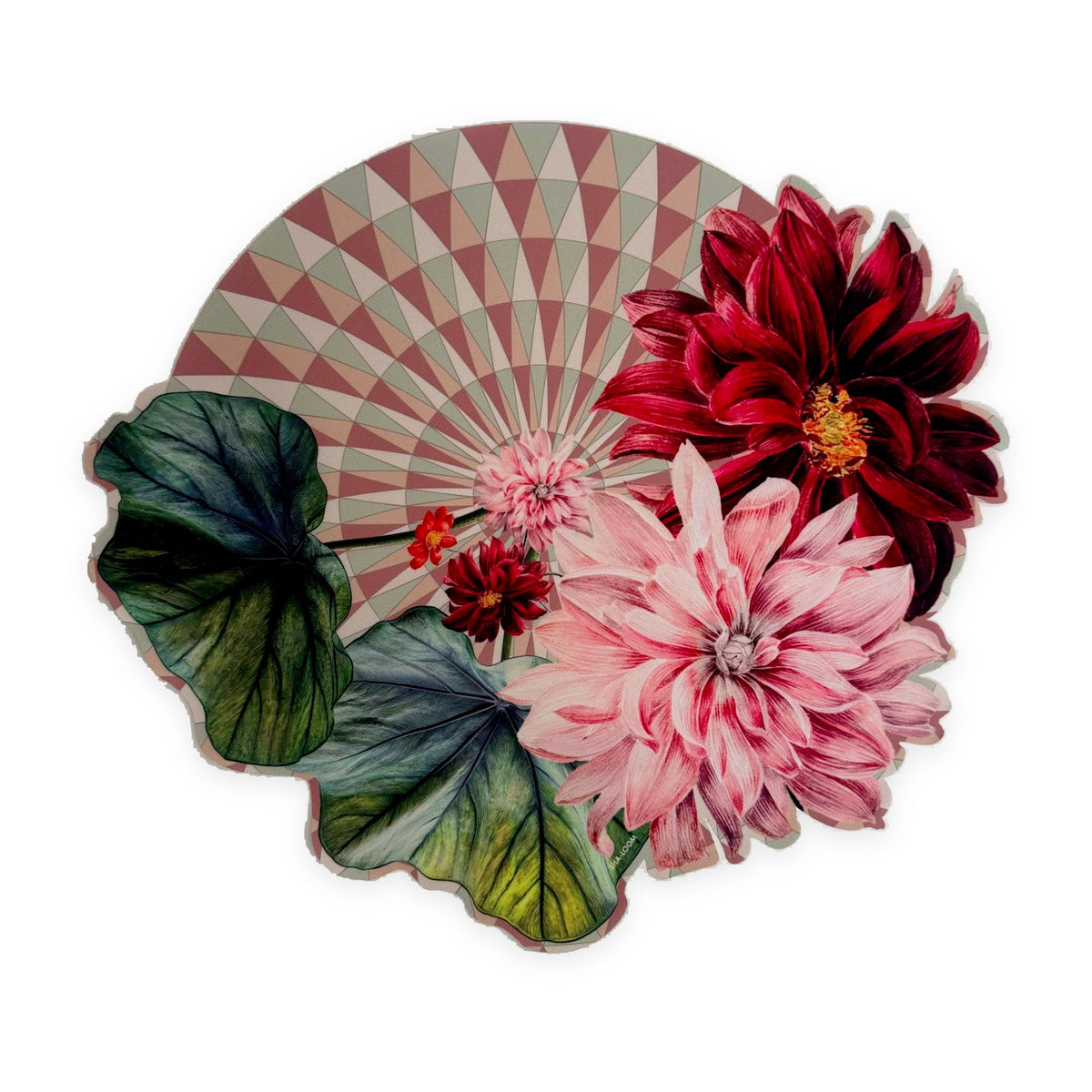 Tropical Geometry die-cut placemat by Shaloom Living, geometric fan with red and pink dahlias and leaves
